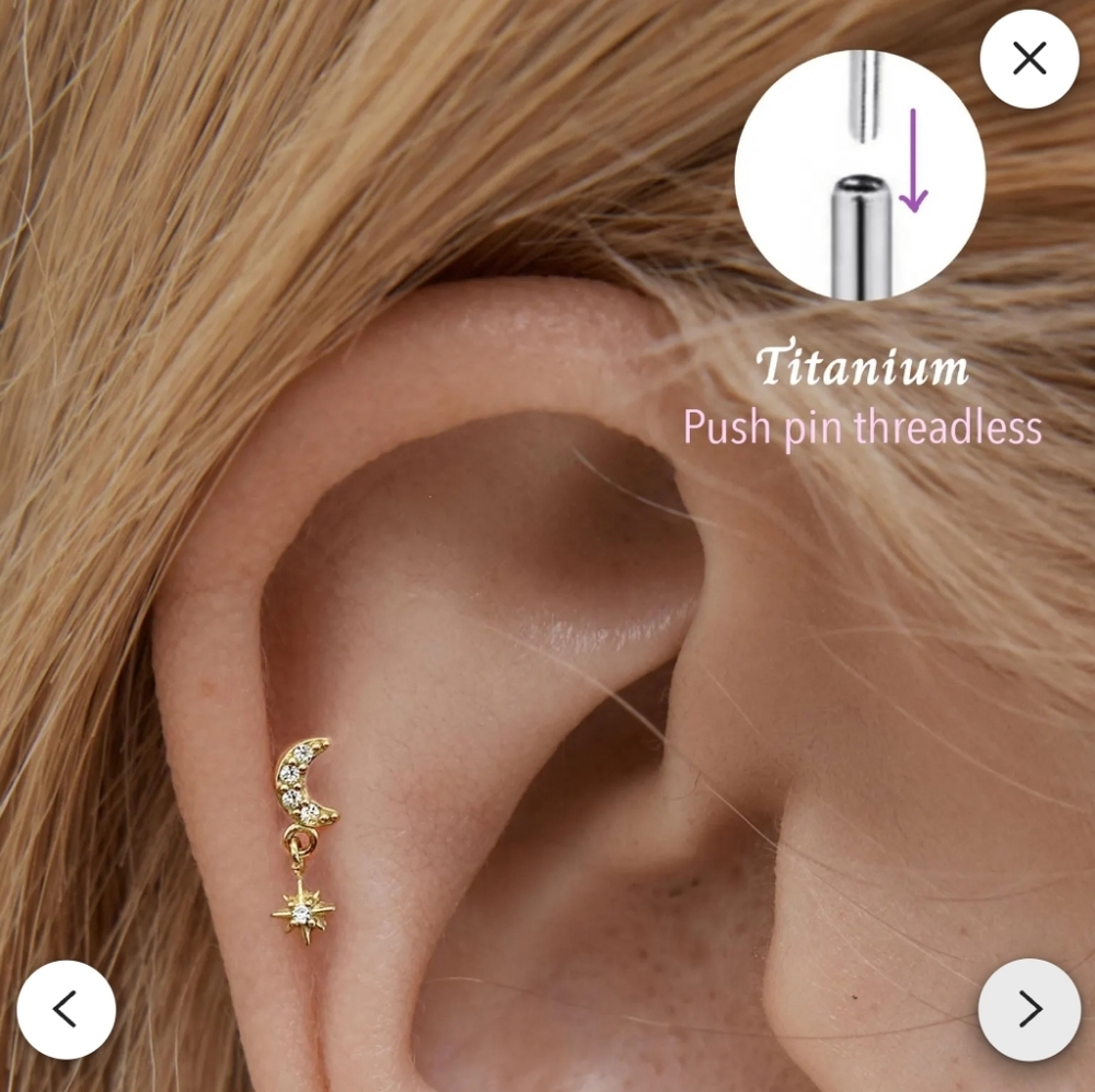 18g Titanium Gold Helix Cartilage Moon Star Dangle Earrings Threadless Push Pin